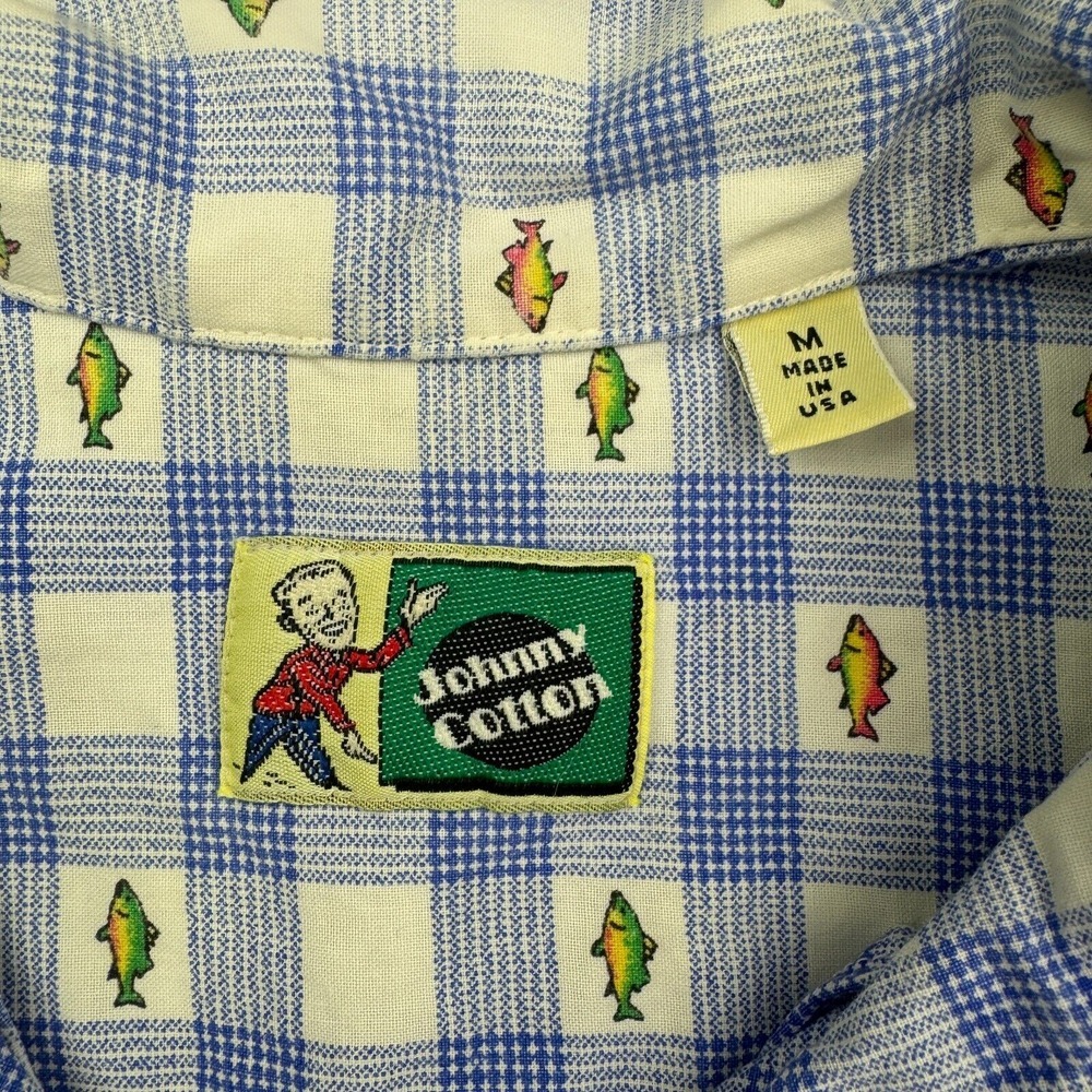 Johnny Cotton Shirt Men M Blue White Plaid Fly Fish Trout Print Button Up VTG - Picture 5 of 7